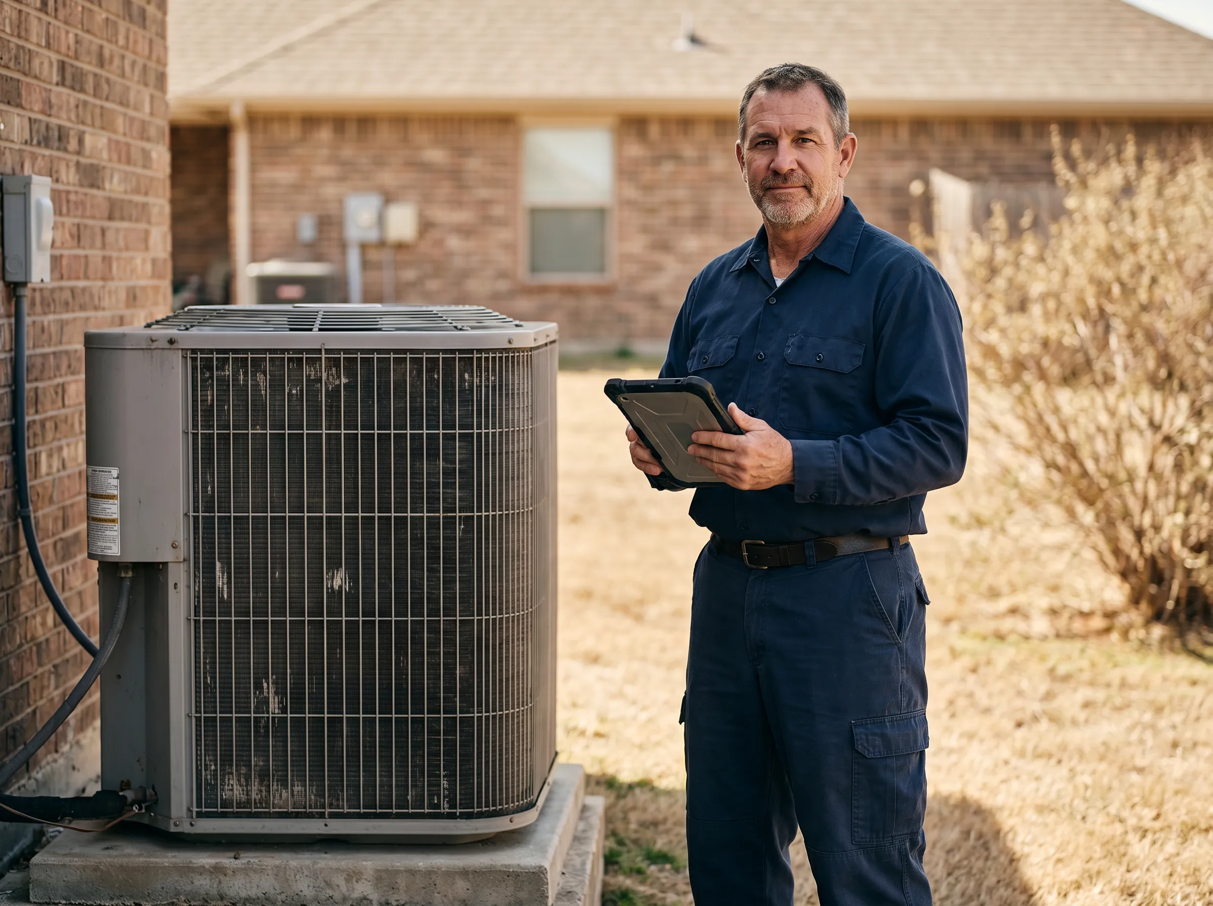 Home service technician reviewing a job on a tablet outside a residential home